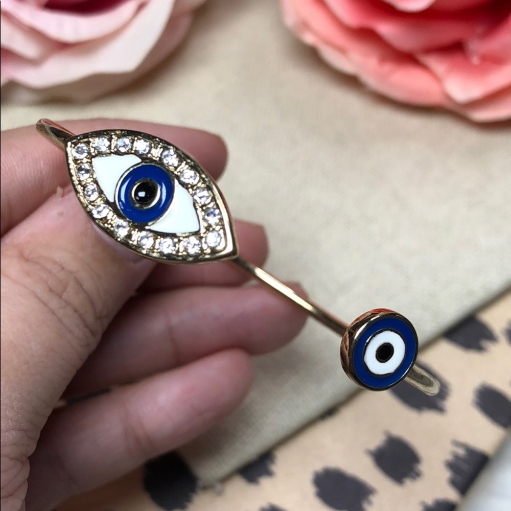 🧿 Gold Crystal Evil Eye Bangle Cuff Bracelet - Picture 6 of 7